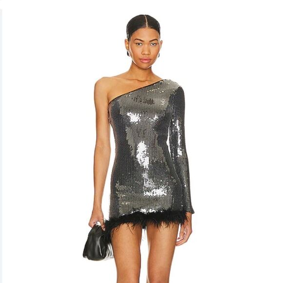 Superdown Cecelia one shoulder dress sequin feather trim silver party Revolve - Picture 1 of 12
